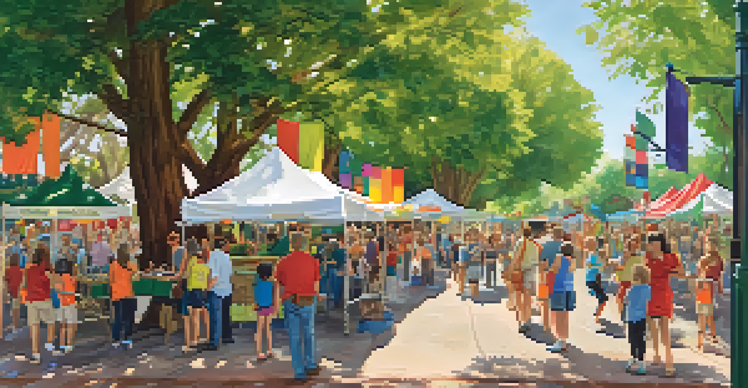 A community festival around a heritage tree, with families enjoying various activities and art displays.