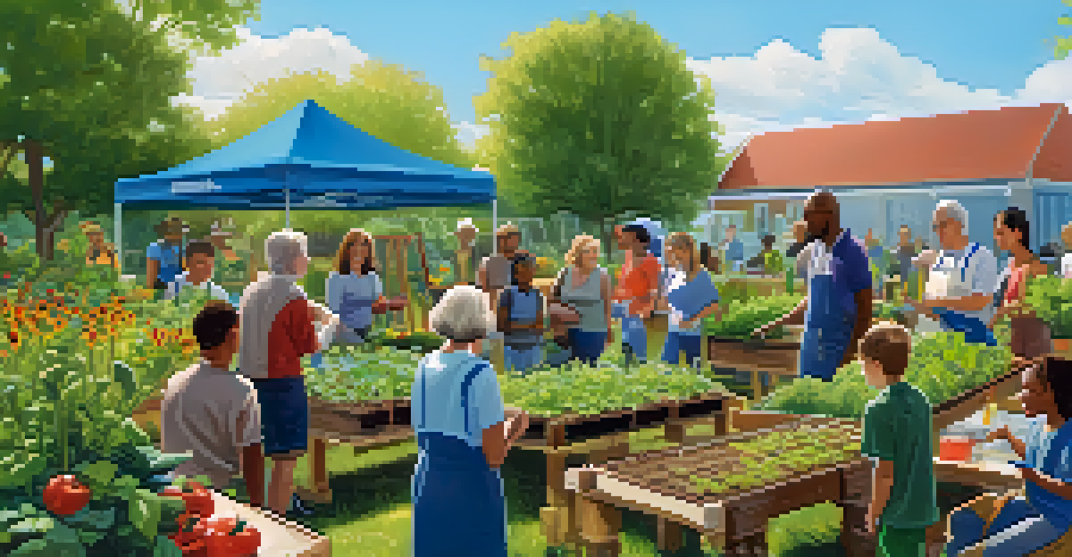 A community gardening workshop with participants learning organic gardening techniques under a clear sky.