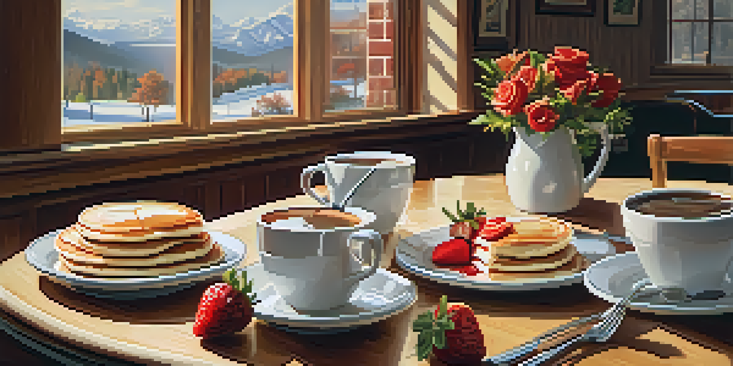 A cozy brunch table with fluffy pancakes, fresh fruit, and coffee in a warm setting.