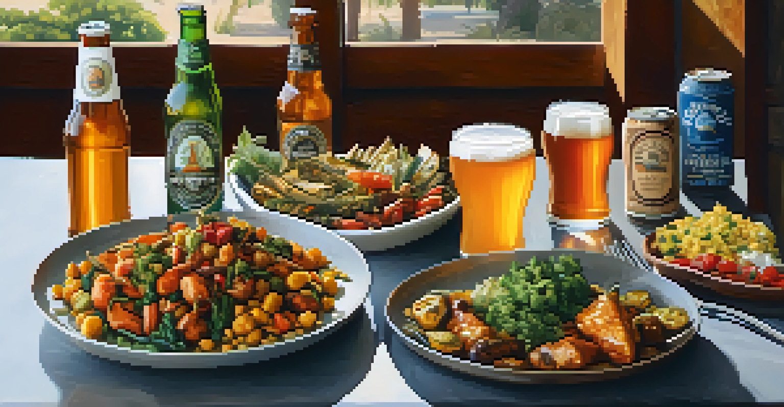 Table set with a variety of craft beers and gourmet dishes, displaying vibrant colors under soft natural light.