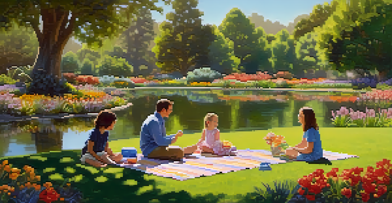 A family enjoying a picnic at the Los Angeles County Arboretum, surrounded by lush greenery and colorful flowers.