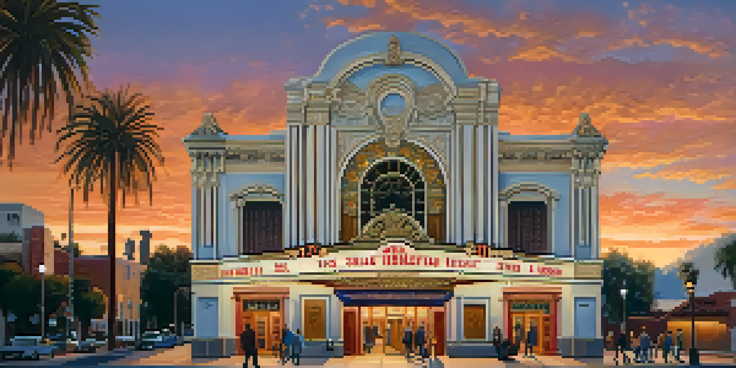 A historic theater in Pasadena with Mediterranean Revival architecture, illuminated by warm lights during twilight.