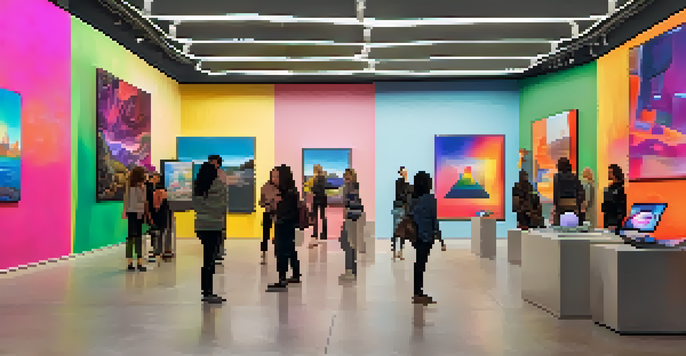A busy digital art gallery in Pasadena filled with colorful digital installations and diverse visitors.