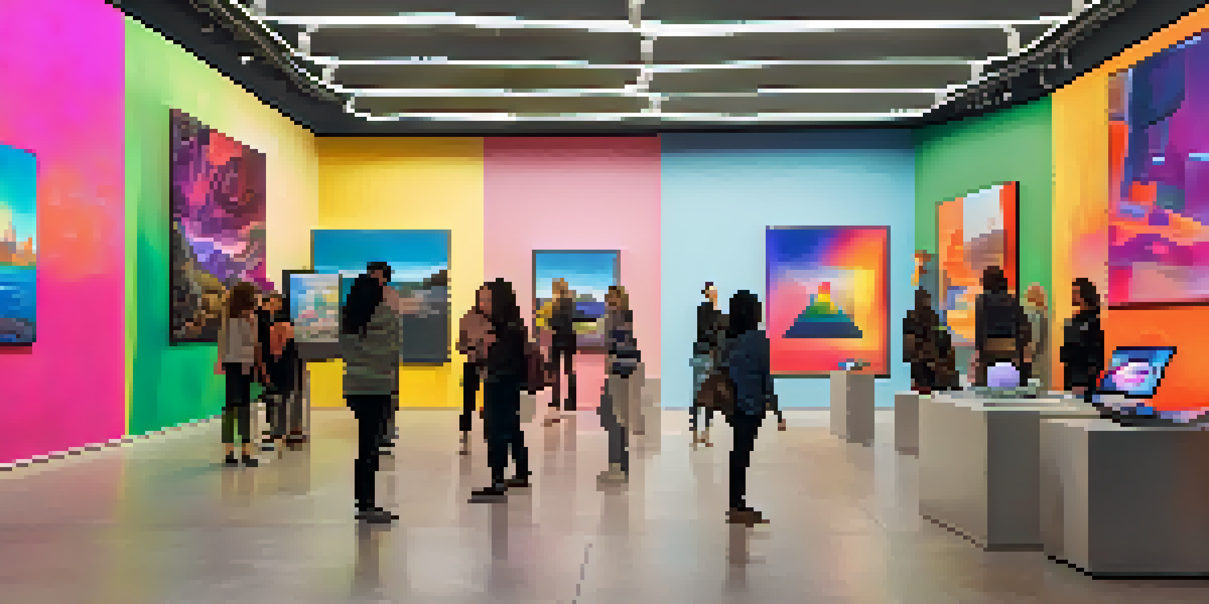 A busy digital art gallery in Pasadena filled with colorful digital installations and diverse visitors.