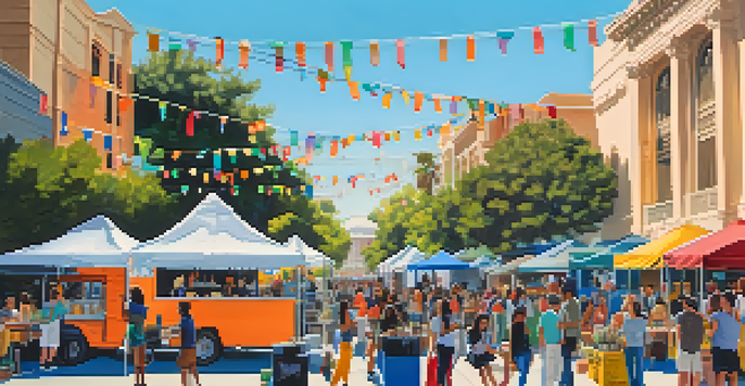 A lively outdoor film festival in Pasadena with people enjoying films, food trucks, and local vendors under a bright sky.