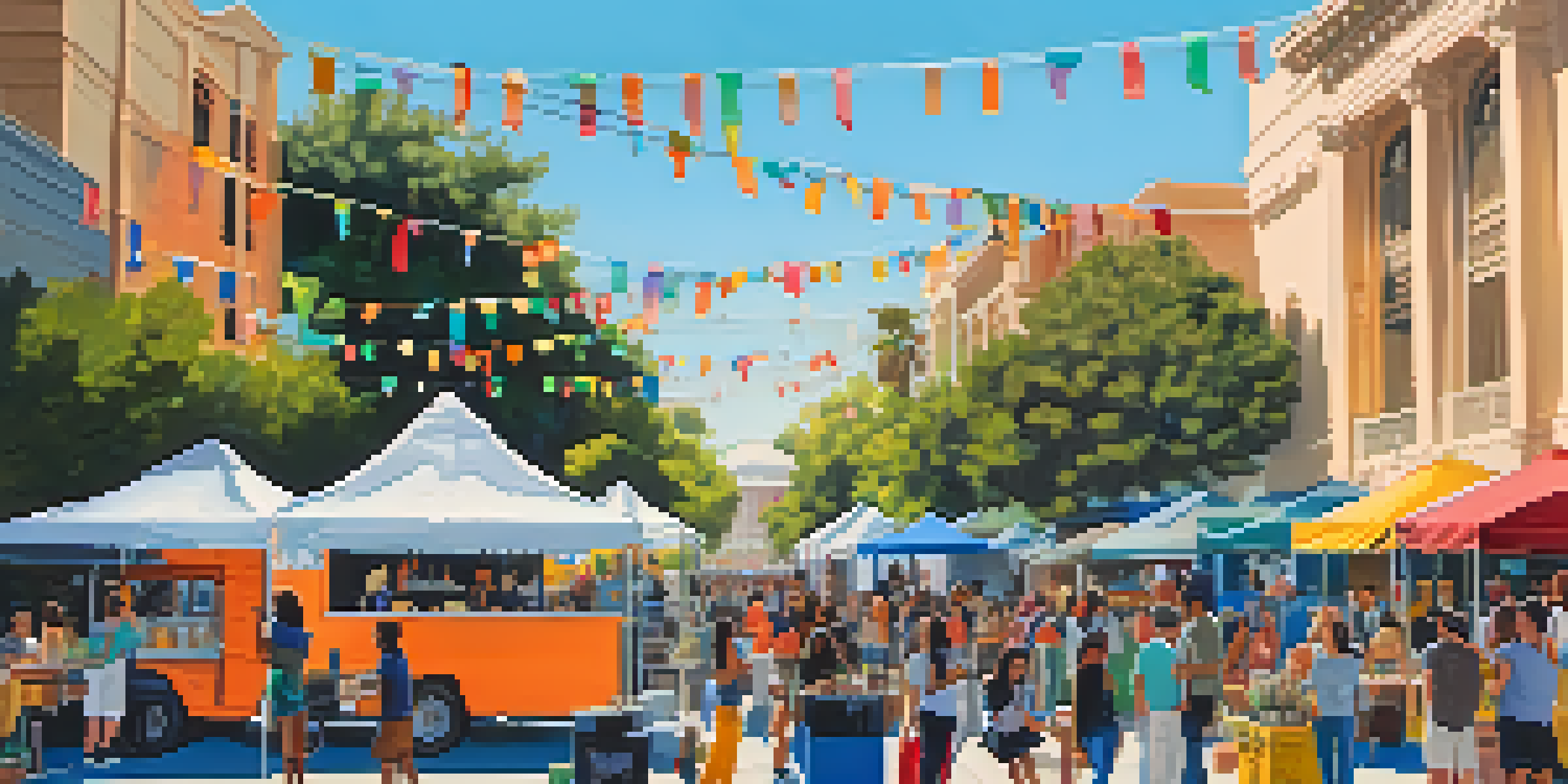A lively outdoor film festival in Pasadena with people enjoying films, food trucks, and local vendors under a bright sky.