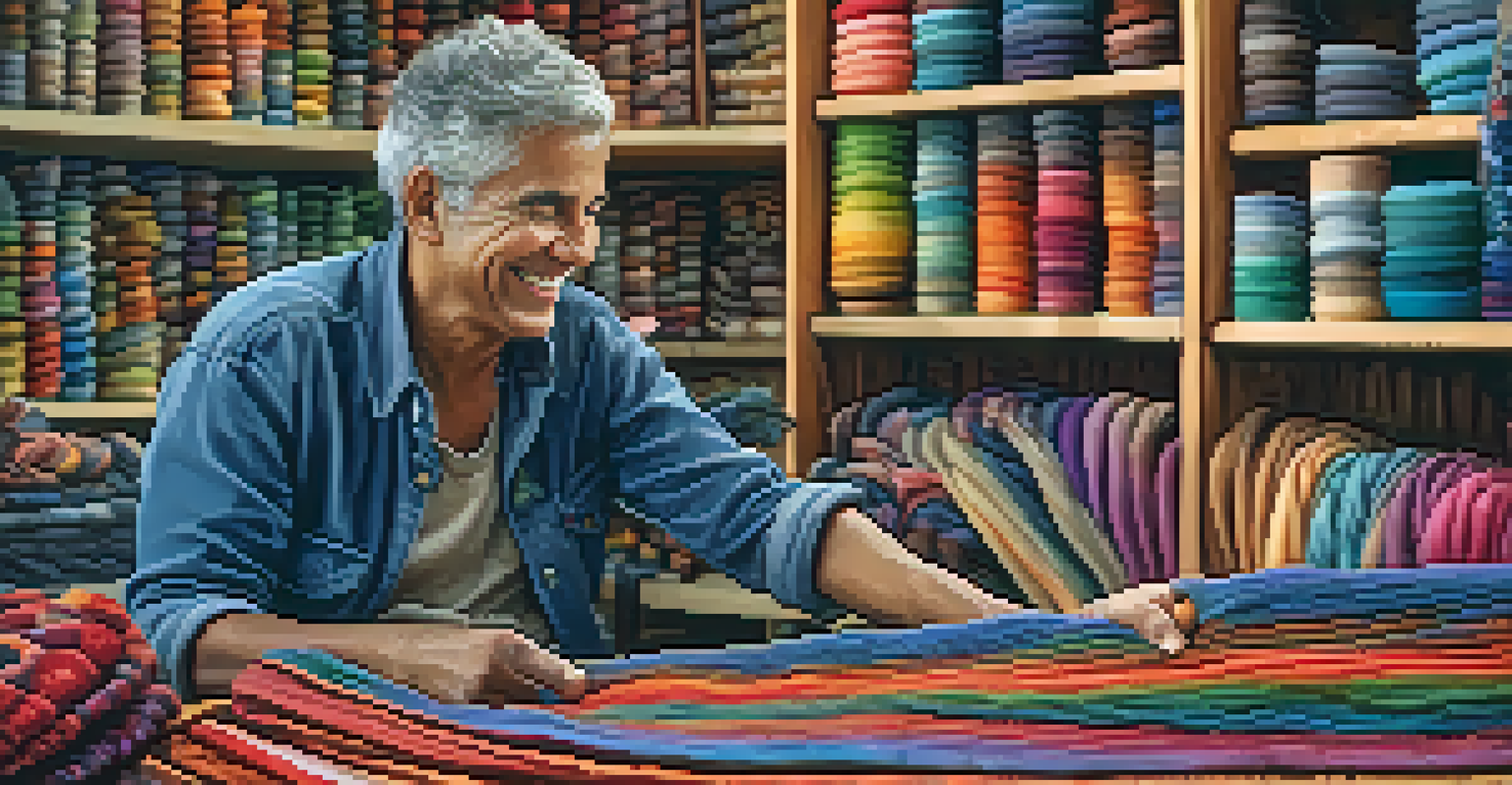 A smiling artisan holding a colorful hand-dyed textile in a bright and cozy workspace filled with fabric and tools.