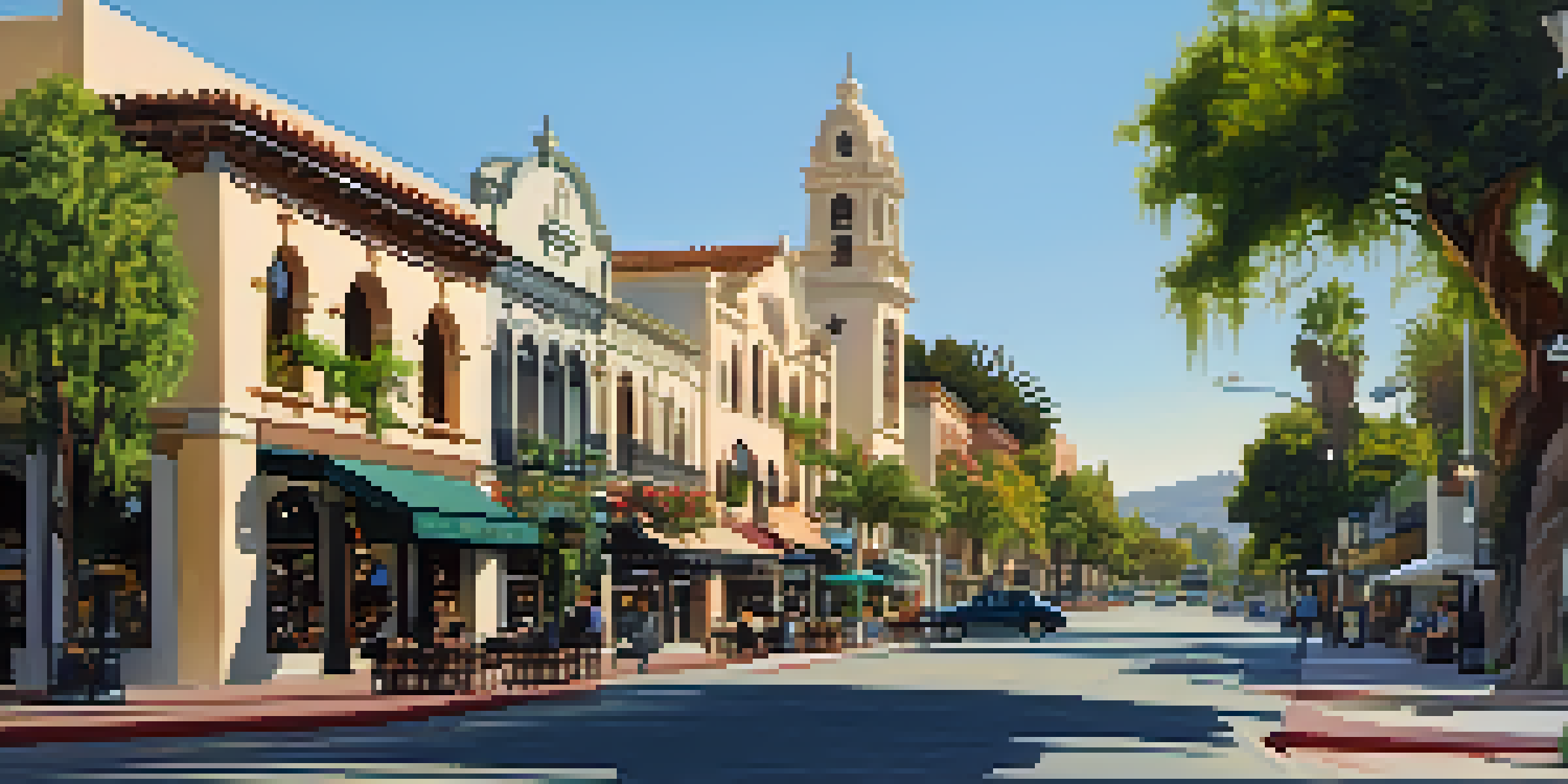 A picturesque street in Old Town Pasadena featuring a mix of architectural styles, outdoor cafes, and vibrant storefronts under warm sunlight.