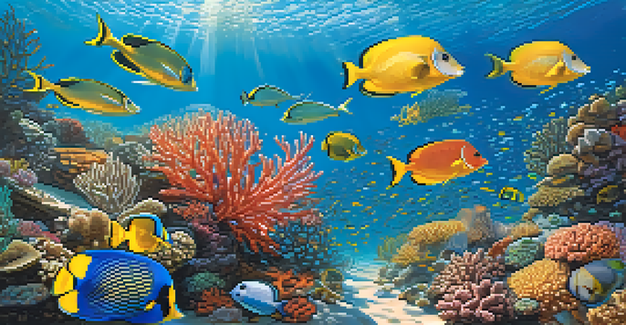 A colorful underwater view of California's marine life, with coral reefs and various fish swimming under sunlight.