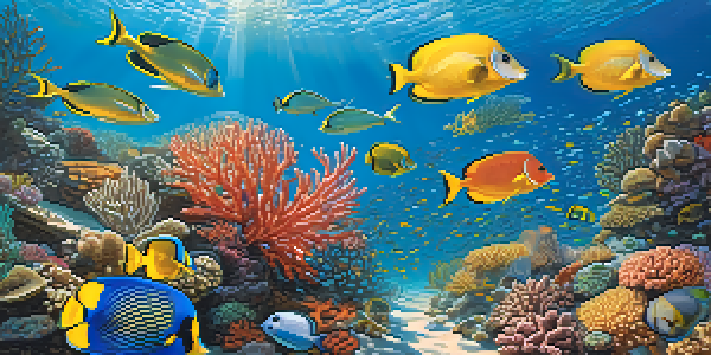 A colorful underwater view of California's marine life, with coral reefs and various fish swimming under sunlight.