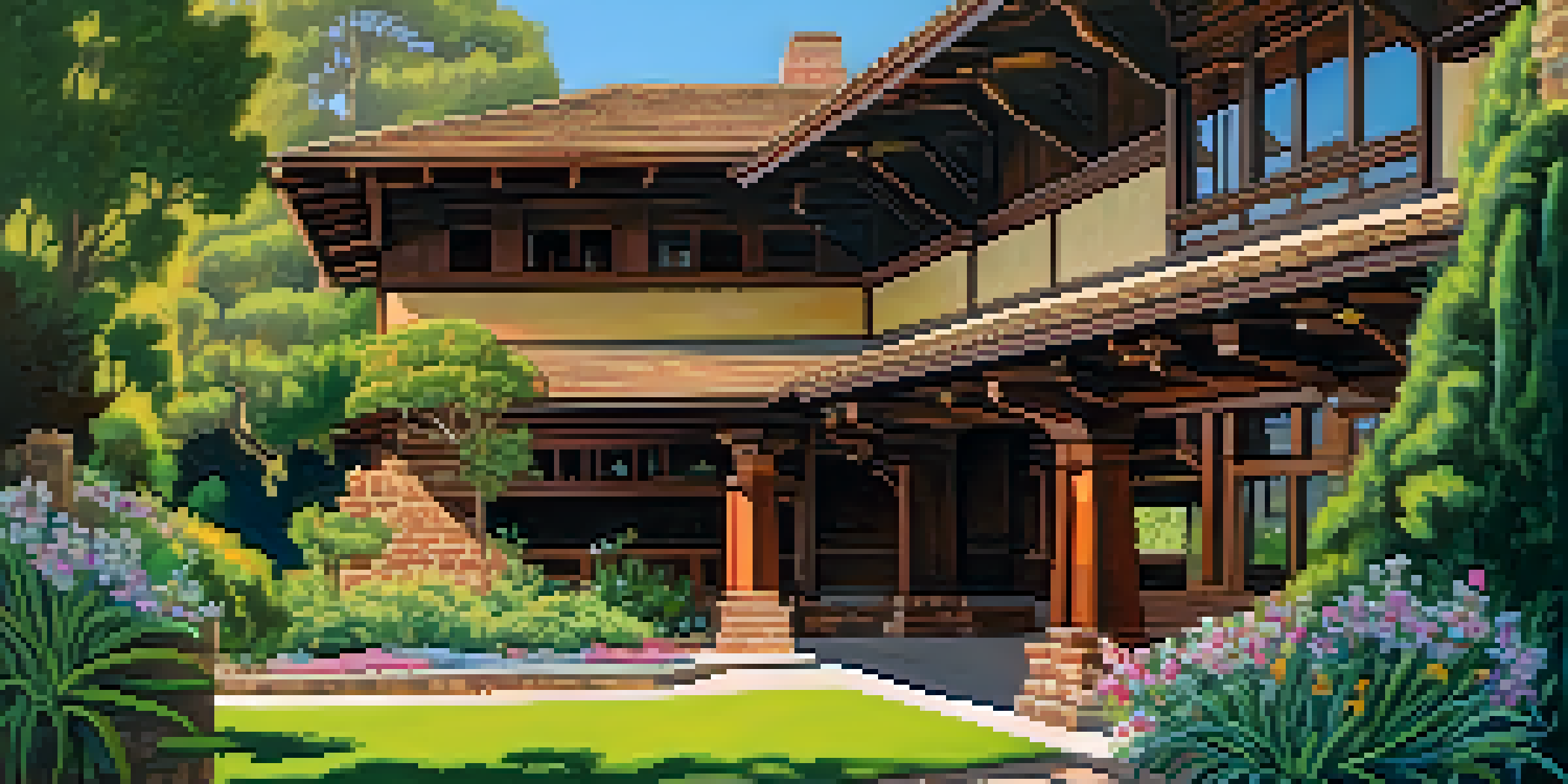A sunny view of the Gamble House, surrounded by greenery and colorful flowers, showcasing its unique architectural style.