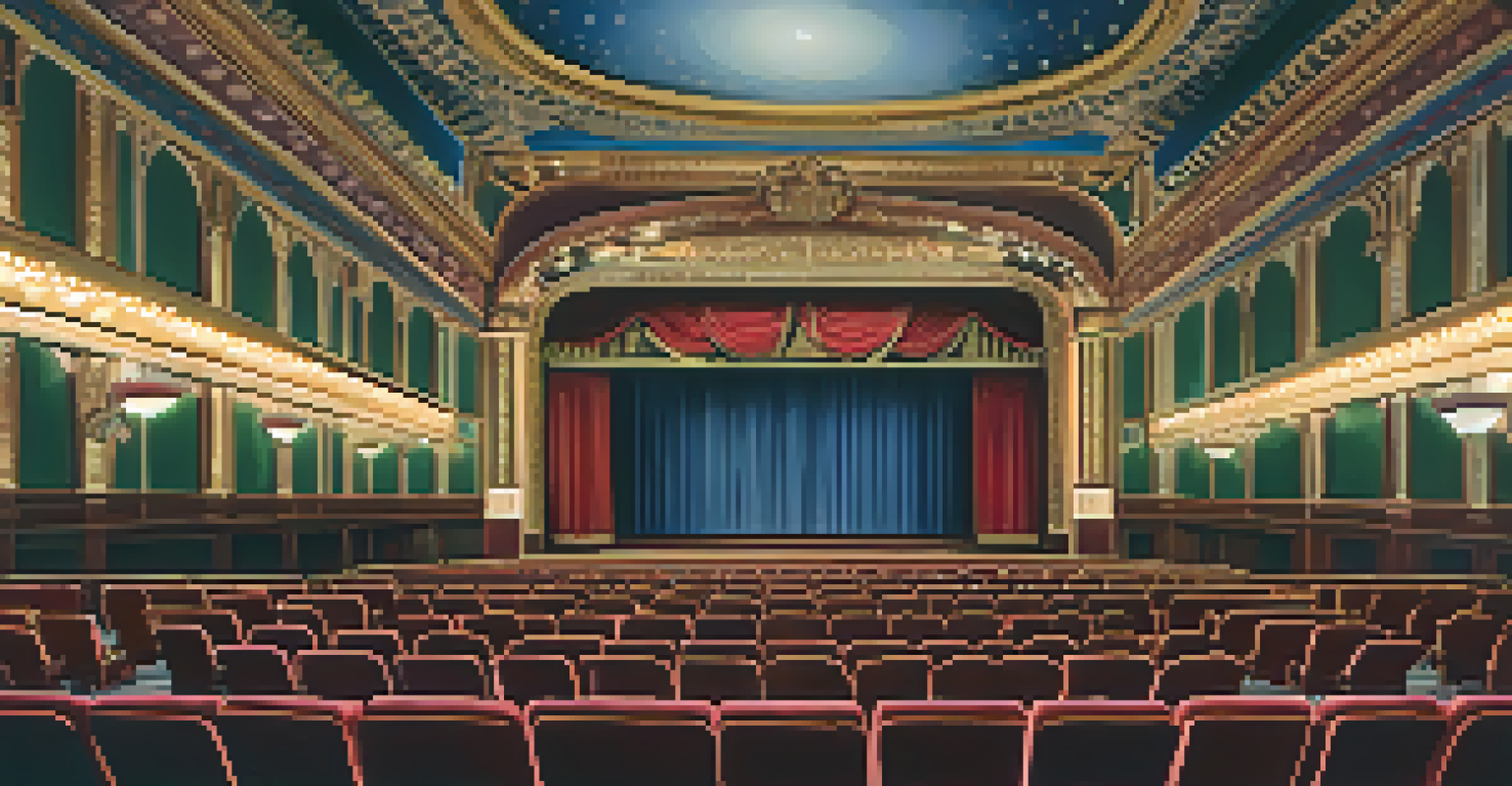 Interior of Raymond Theatre showcasing plush seats and intricate ceiling designs with vintage movie posters.