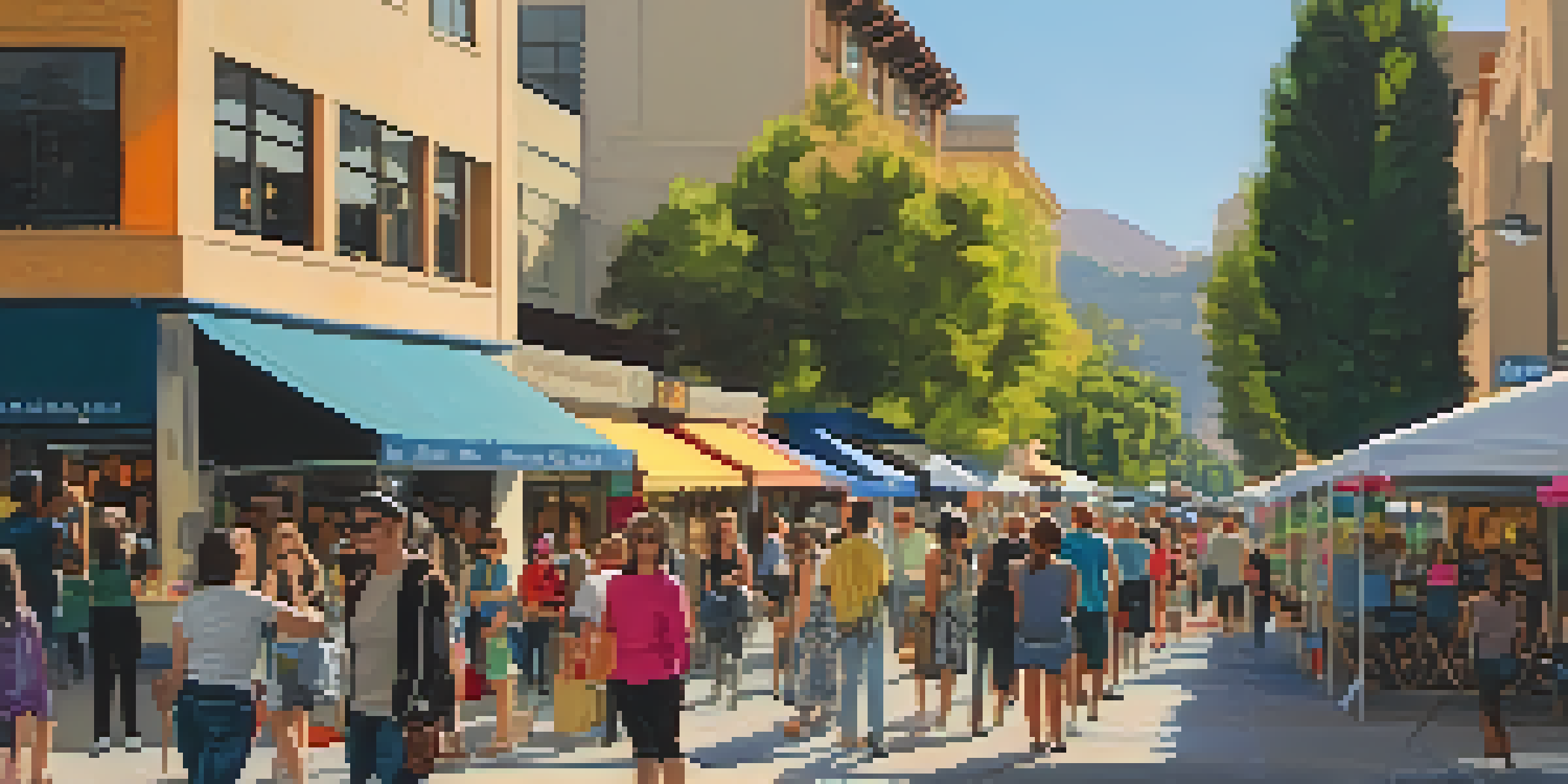 A lively street scene filled with people enjoying the ArtWalk in Pasadena, surrounded by colorful art installations and galleries.