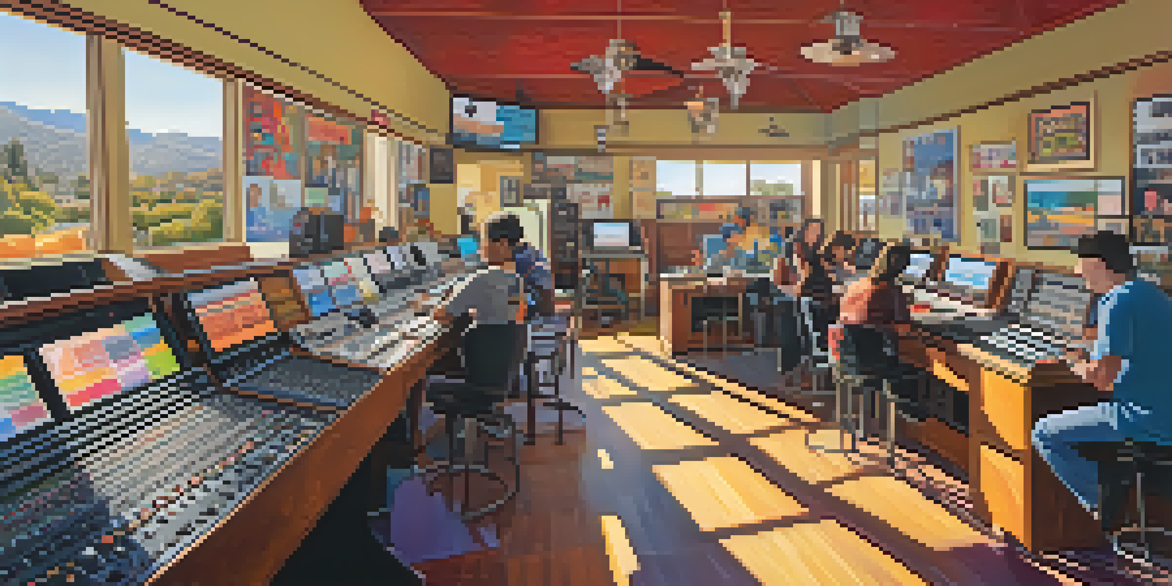 A lively community radio station with diverse volunteers broadcasting, colorful posters, and sunlight streaming through windows.