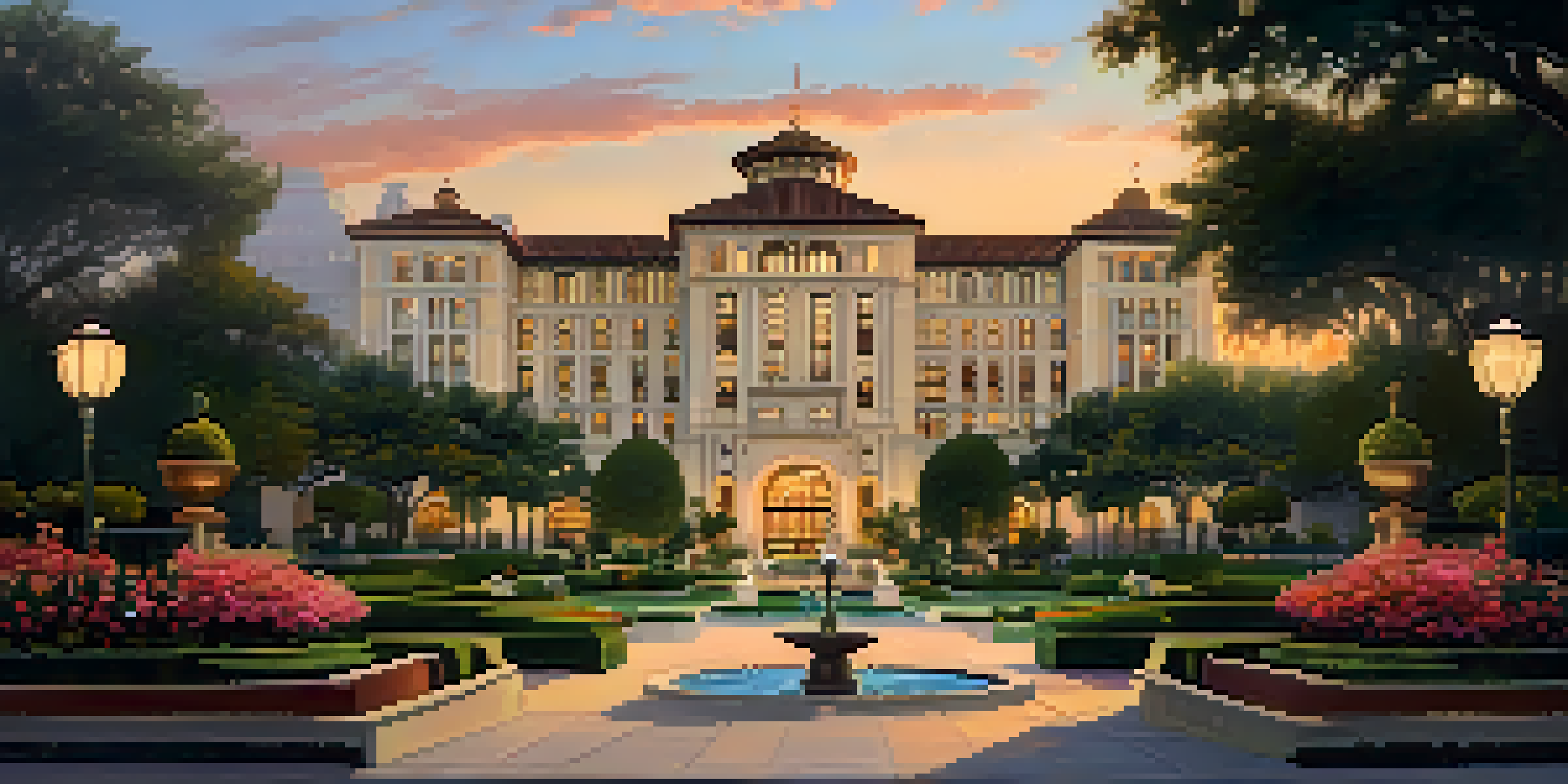 An elegant hotel with beautiful architecture and gardens during sunset.