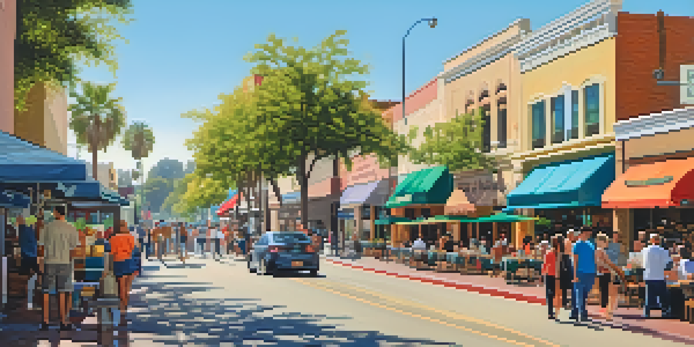 A lively Pasadena street with various local businesses, people walking, and outdoor dining under a clear blue sky.
