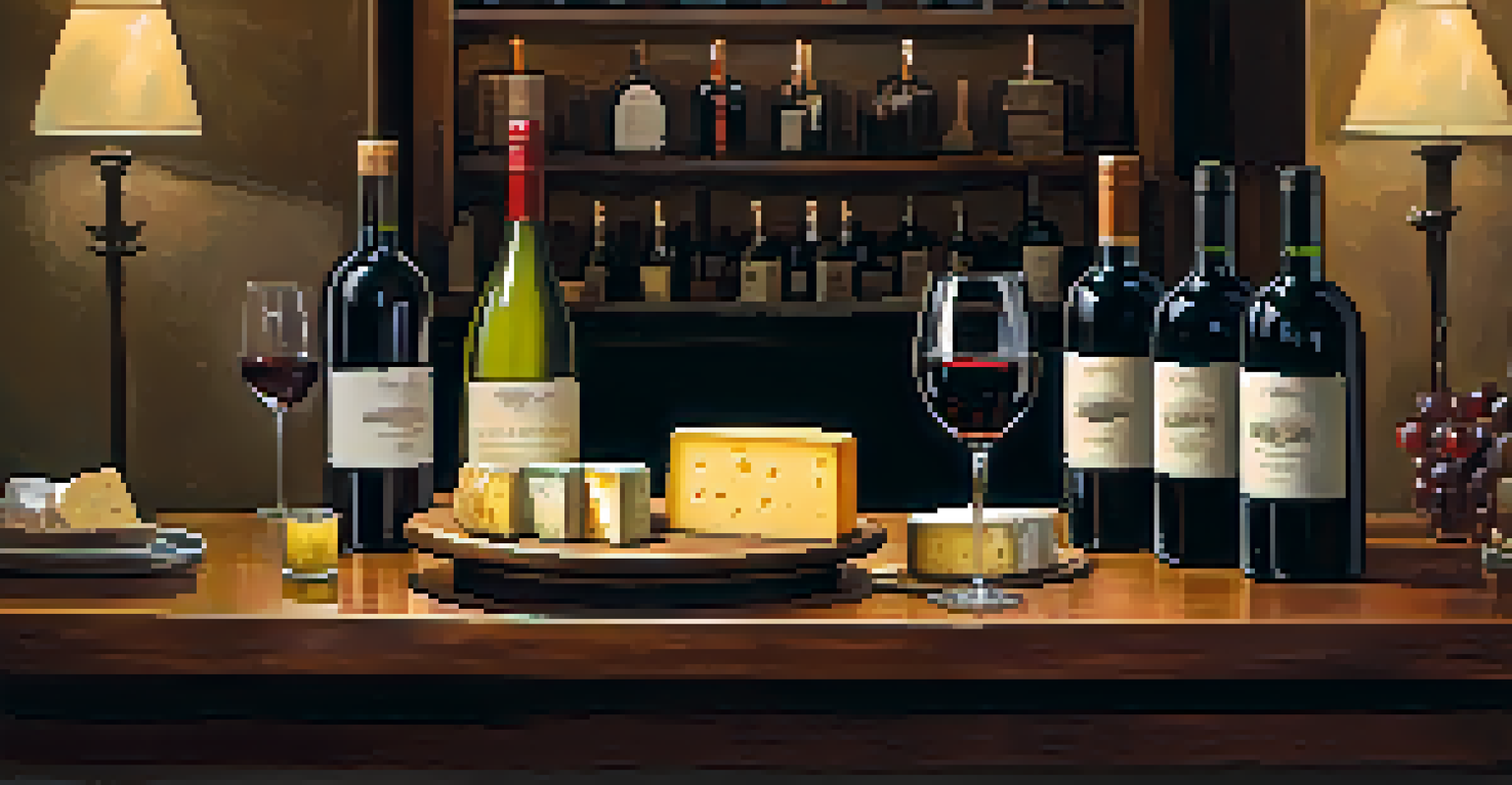 An intimate wine bar scene with wine bottles on shelves, cheese boards, and small plates on a table, all under warm, cozy lighting.