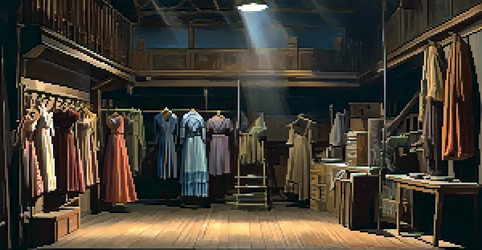 Backstage scene at the Pasadena Playhouse with vintage costumes and dim lighting, evoking a sense of mystery.
