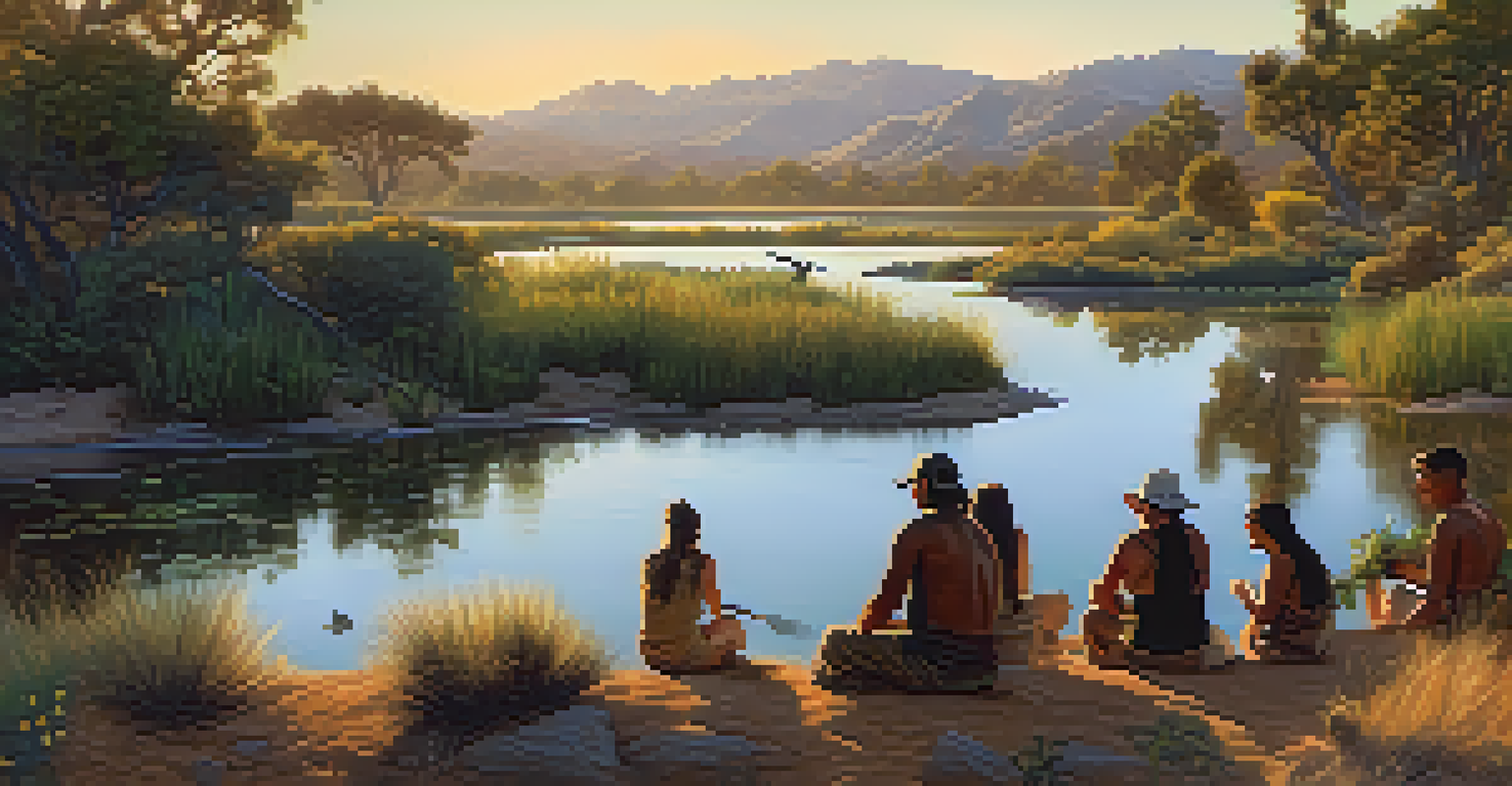 A peaceful landscape showcasing traditional Tongva practices, with a lake, native plants, and people foraging and fishing.