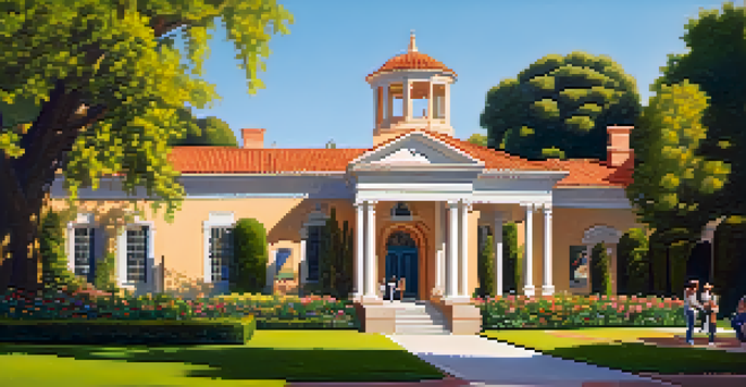 A historic mansion surrounded by colorful flowers and green gardens, with people admiring the architecture under warm sunlight.