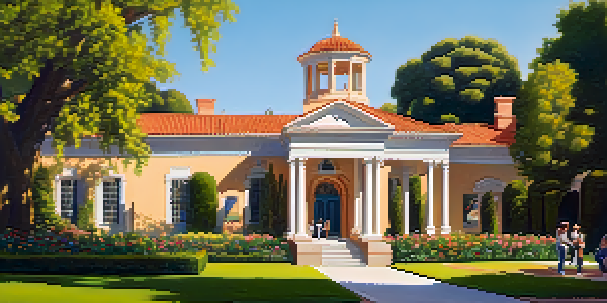 A historic mansion surrounded by colorful flowers and green gardens, with people admiring the architecture under warm sunlight.