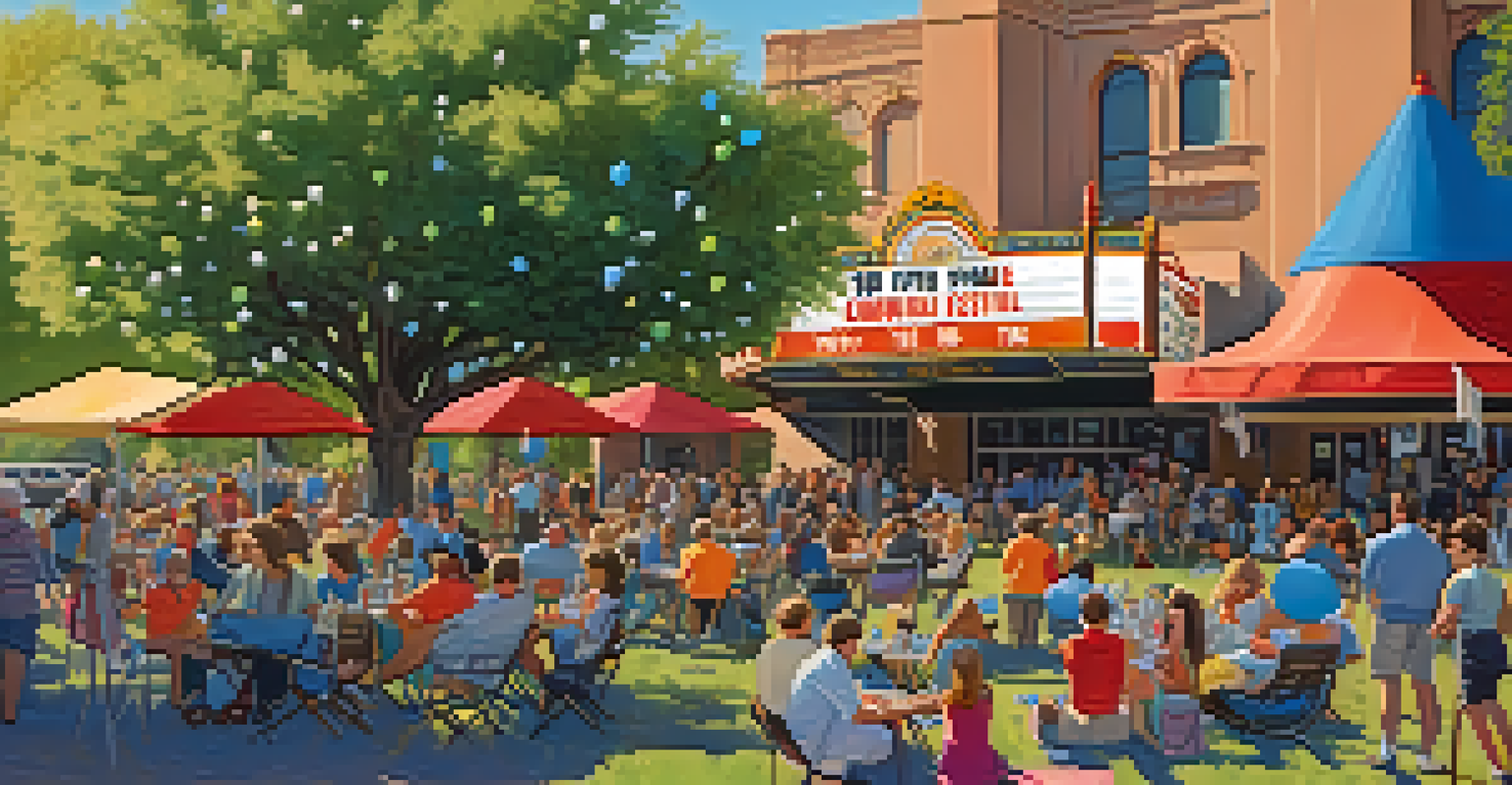 Community film festival in Pasadena with people gathered outdoors in front of a historic theater enjoying a classic film.