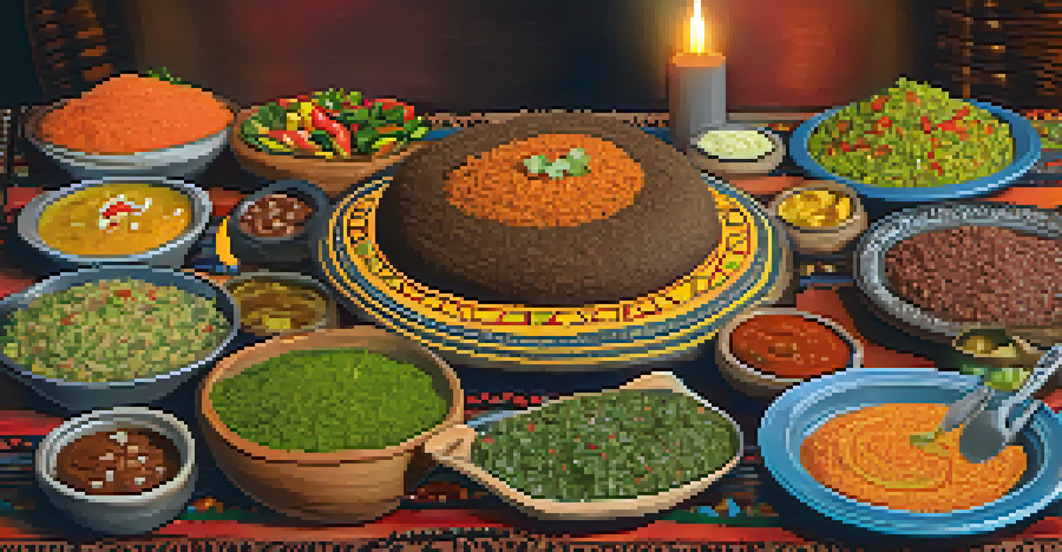A large platter of Doro Wat served on injera, with colorful vegetable sides, set in a cozy dining environment with traditional Ethiopian decor.