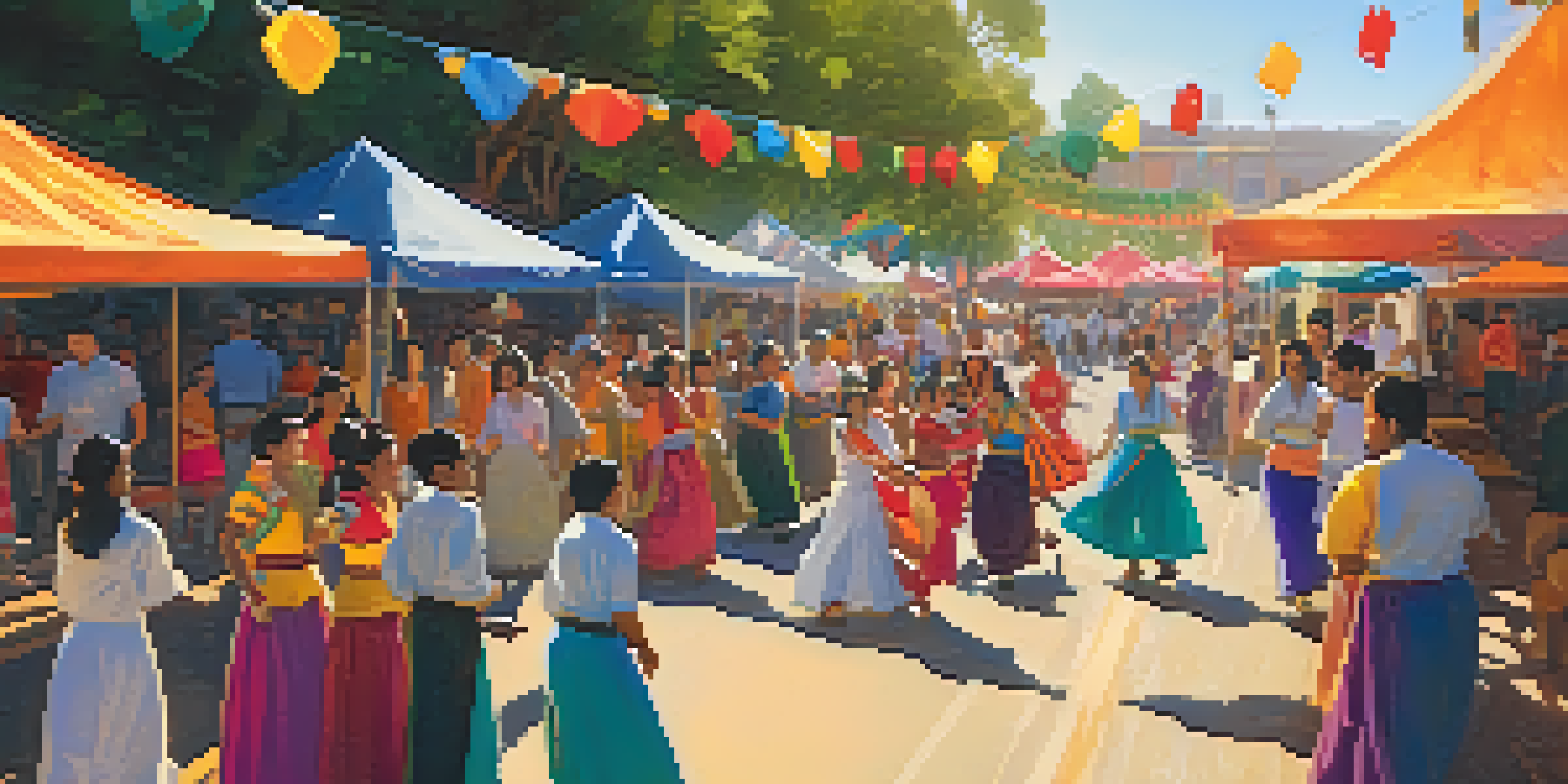 A lively cultural festival in Pasadena with diverse people dancing, colorful decorations, and food stalls under warm sunlight.