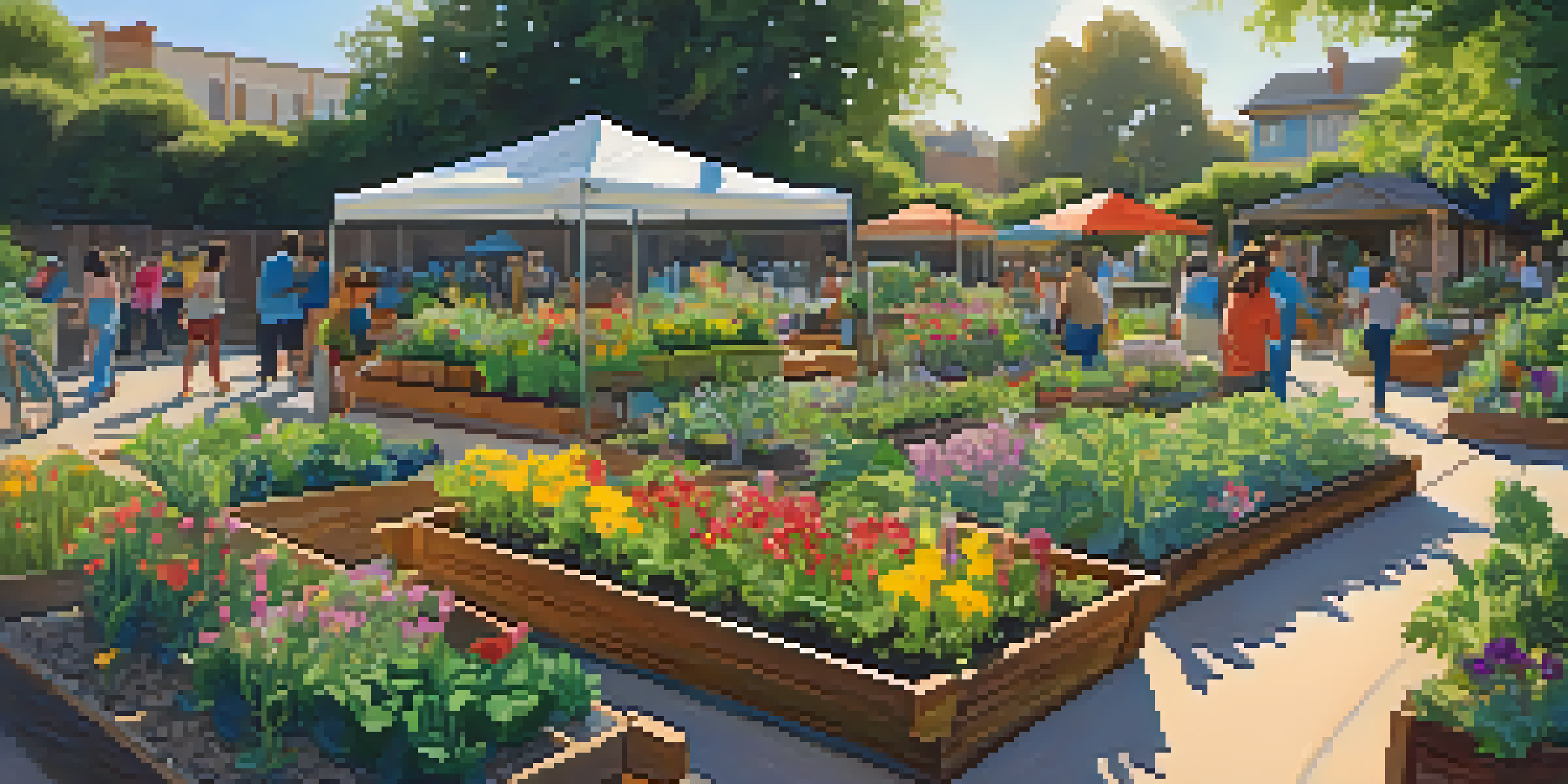 A lively community garden with diverse plants and flowers, where residents are gardening under warm sunlight.