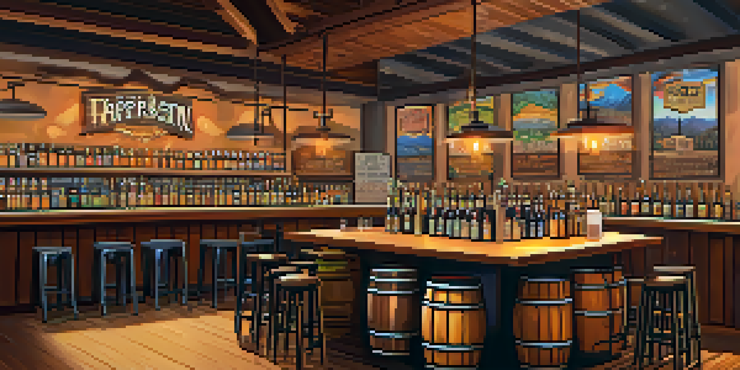 Interior of a craft brewery with wooden barrels, shining taps, and patrons enjoying drinks in a warm, inviting atmosphere.