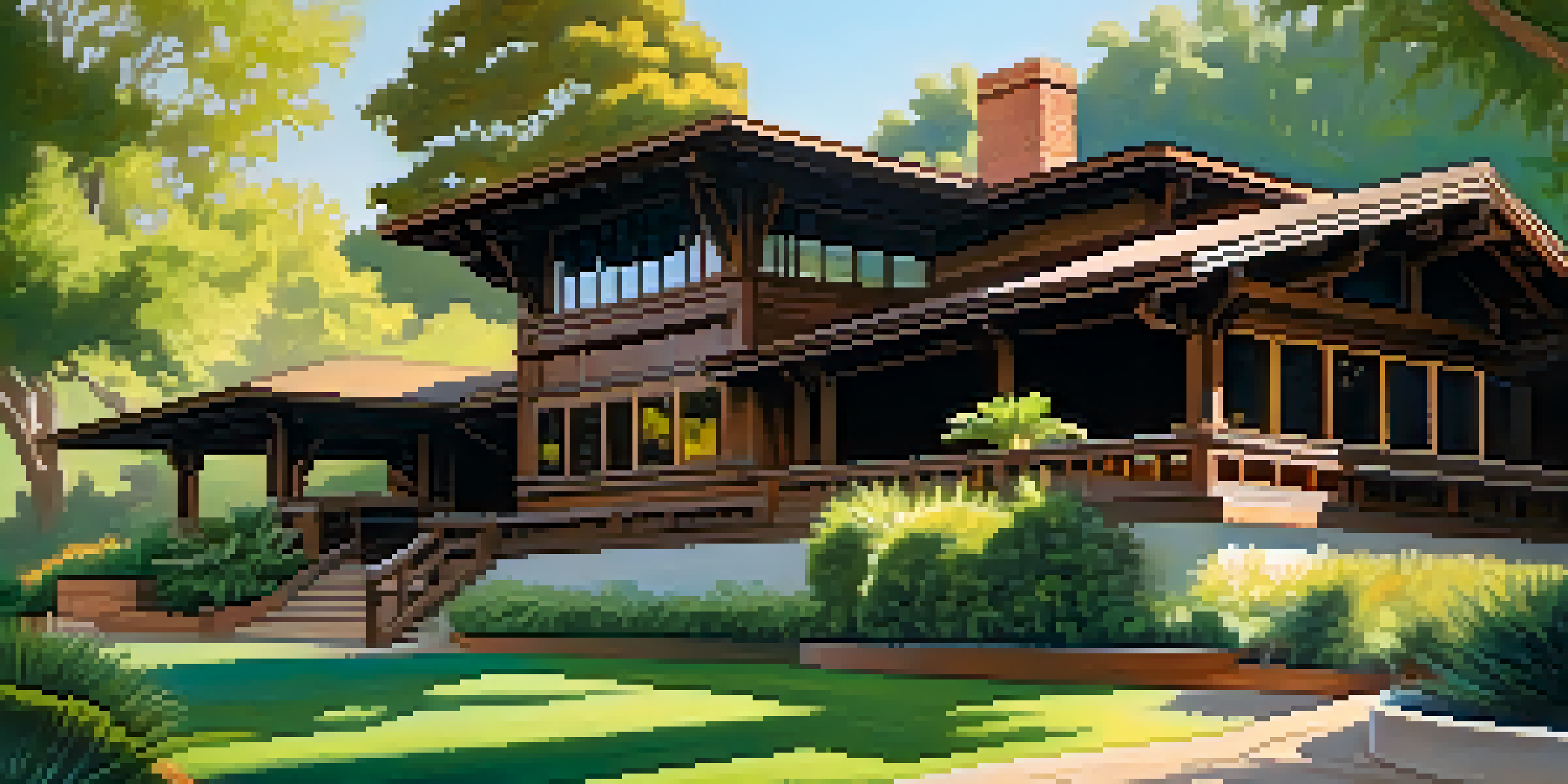 The Gamble House in Pasadena, featuring detailed wooden architecture and surrounded by greenery under a blue sky.