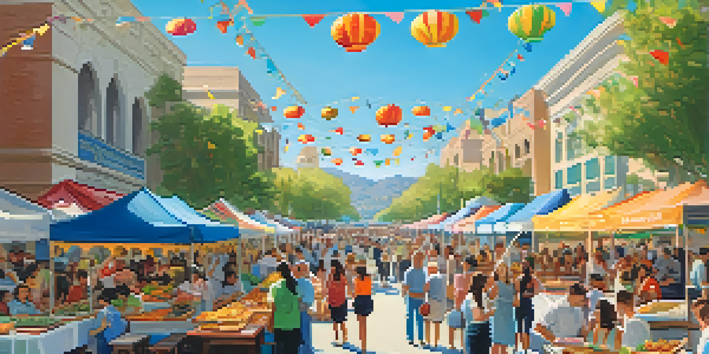 An outdoor food festival in Pasadena with various food stalls and people enjoying diverse dishes under a clear blue sky.
