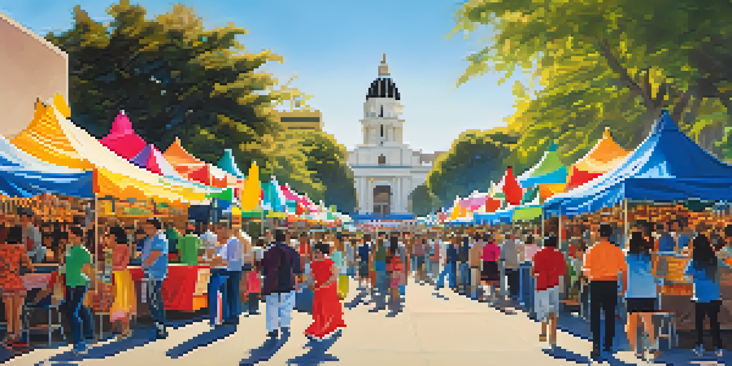 A lively community festival in Pasadena featuring diverse cultural booths, traditional dances, and music performances.