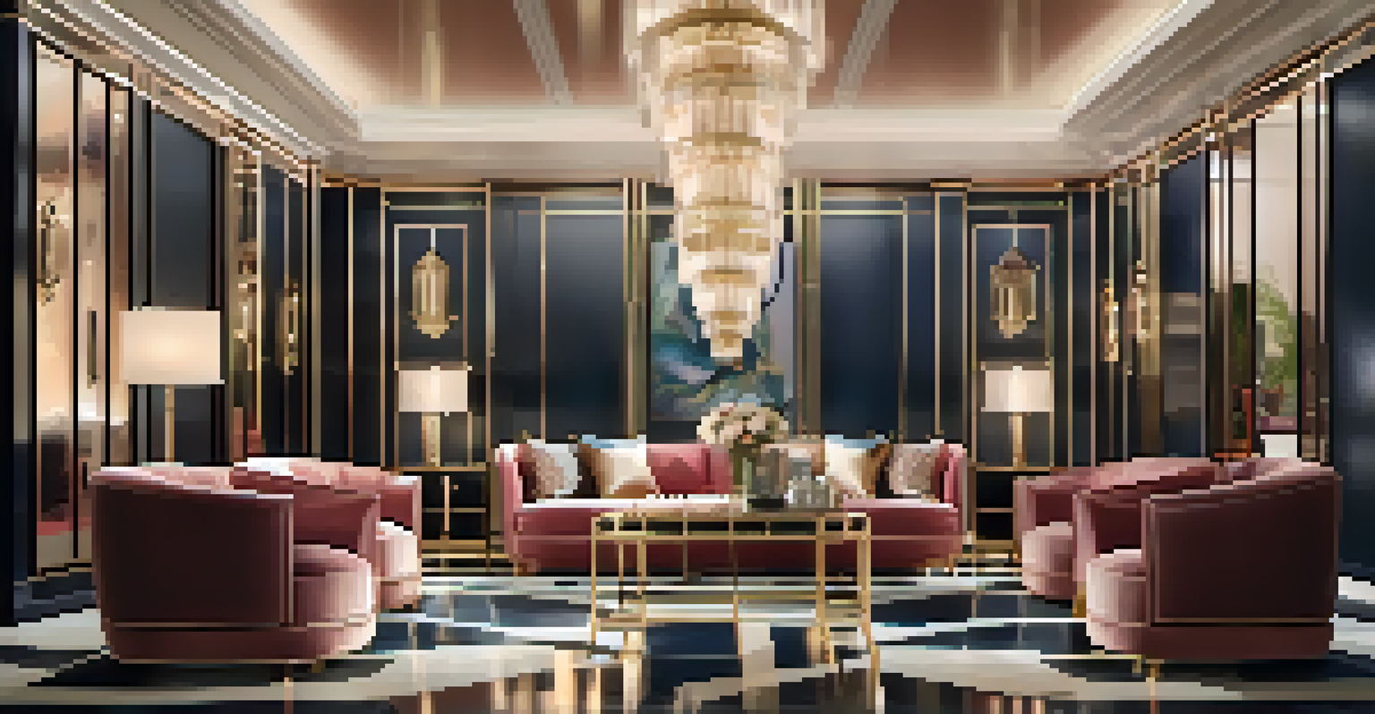 An interior space with Art Deco design featuring mirrored furniture, geometric patterns, and ornate light fixtures.