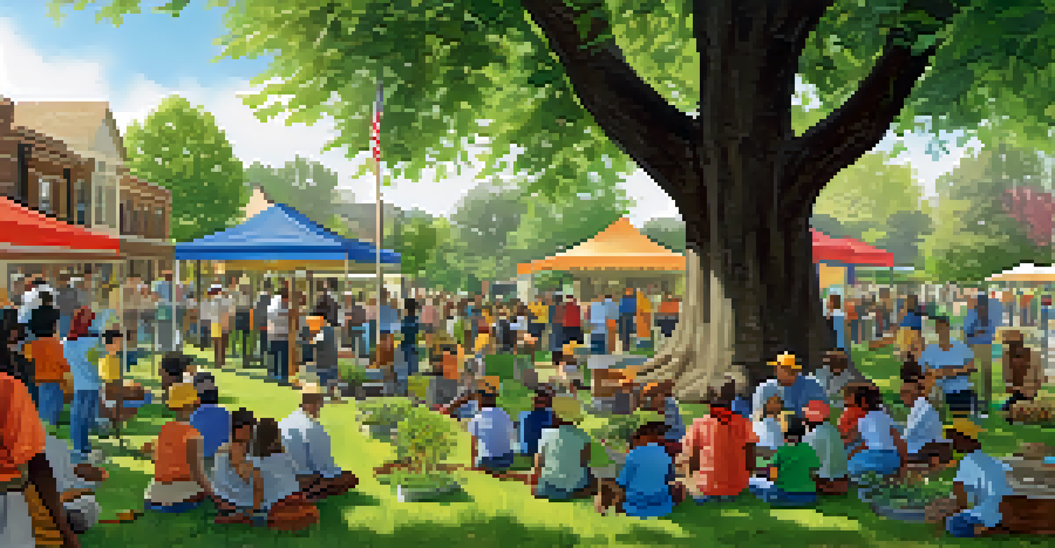 Residents participating in a tree planting workshop under a large heritage tree, creating a sense of community.