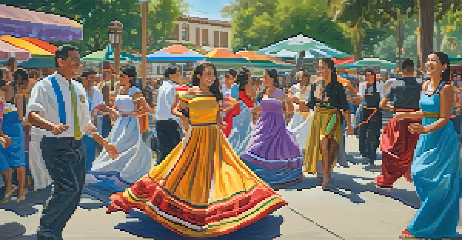 Artists painting murals and dancers in colorful costumes at the Pasadena Latino Heritage Month celebration.