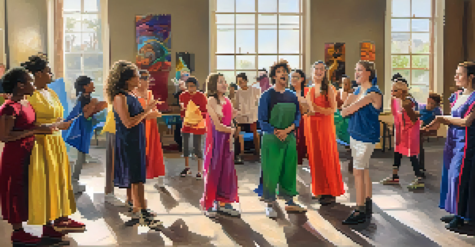 A community theater workshop with aspiring actors practicing a scene in a bright room filled with props.