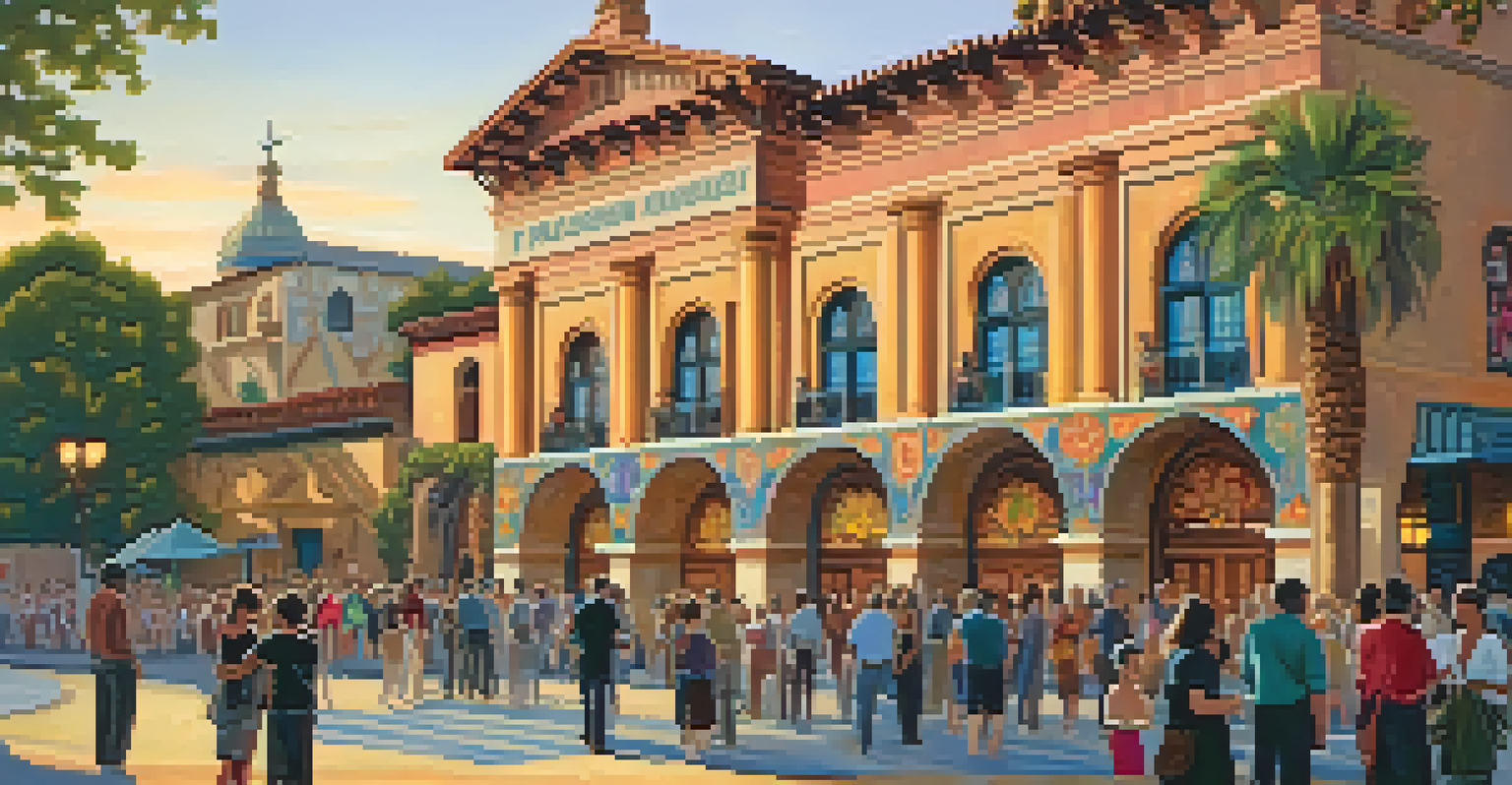 The Pasadena Playhouse with a colorful façade and people gathering outside for a performance during dusk.