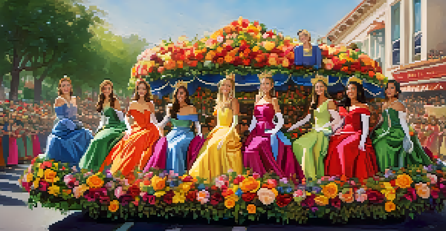 The Royal Court of the Rose Parade on a floral float, showcasing young women in elegant gowns and a festive atmosphere.