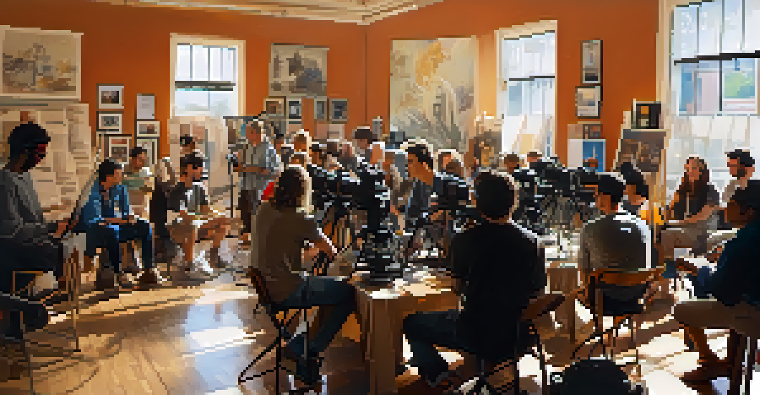 A workshop at the Pasadena Film Festival with aspiring filmmakers engaging with a speaker in a well-lit room filled with filmmaking equipment.