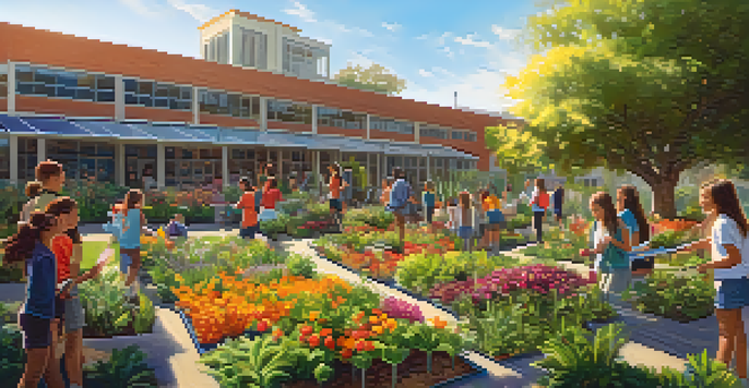 A lively urban garden at a school with students gardening, colorful flowers, and solar panels on a school building in the background.