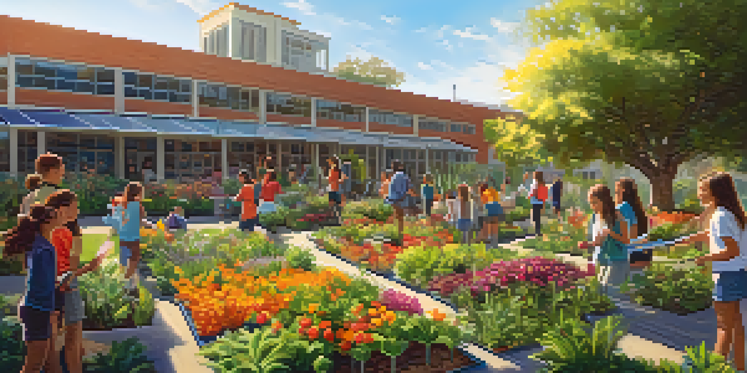 A lively urban garden at a school with students gardening, colorful flowers, and solar panels on a school building in the background.