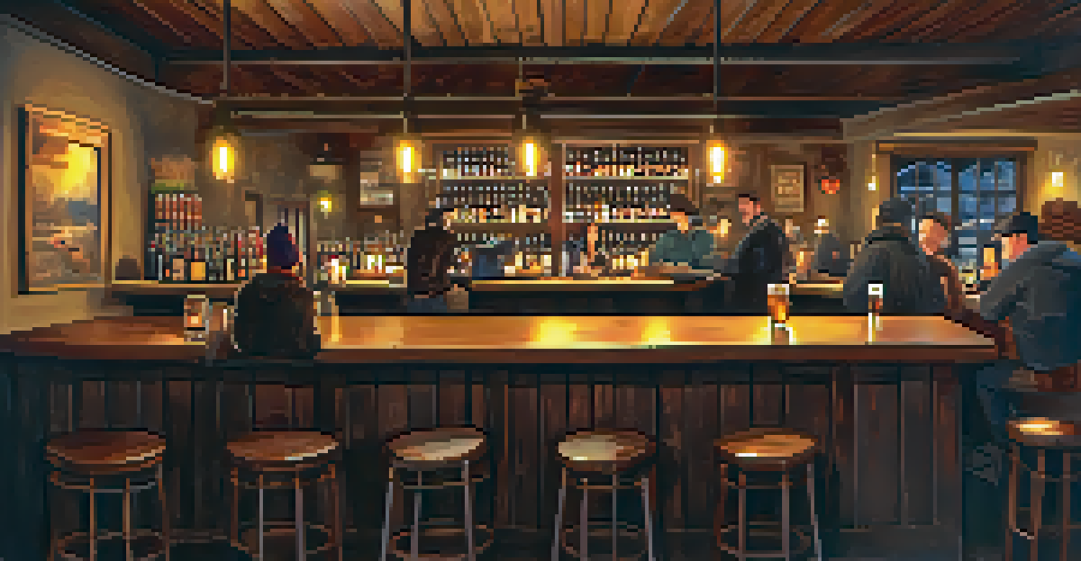 A warm winter scene inside a Pasadena brewery with patrons enjoying stouts by the fireplace, surrounded by festive decorations.