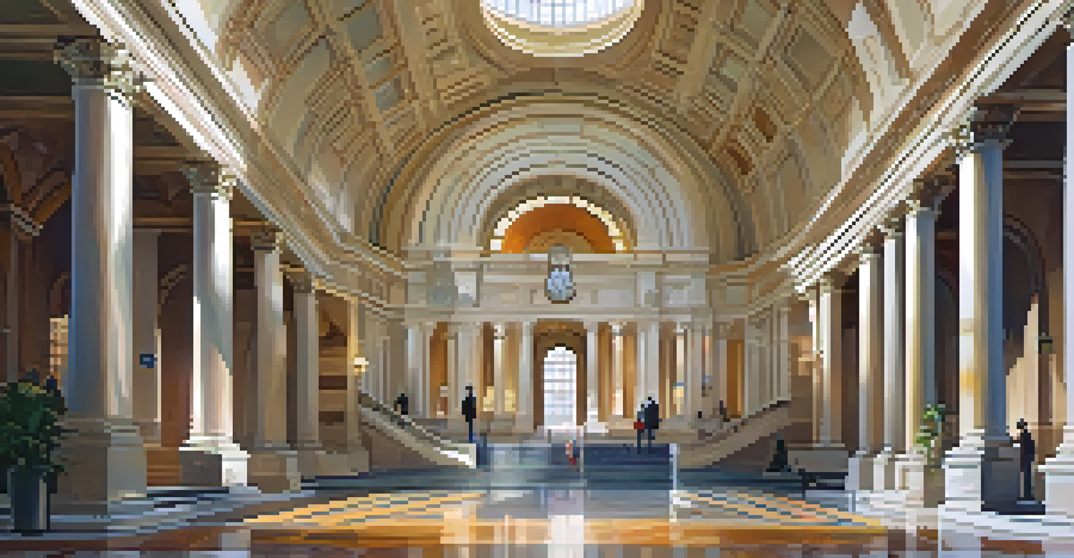 The interior of Pasadena's City Hall featuring a grand staircase, marble columns, and historical murals, filled with soft light and visitors.