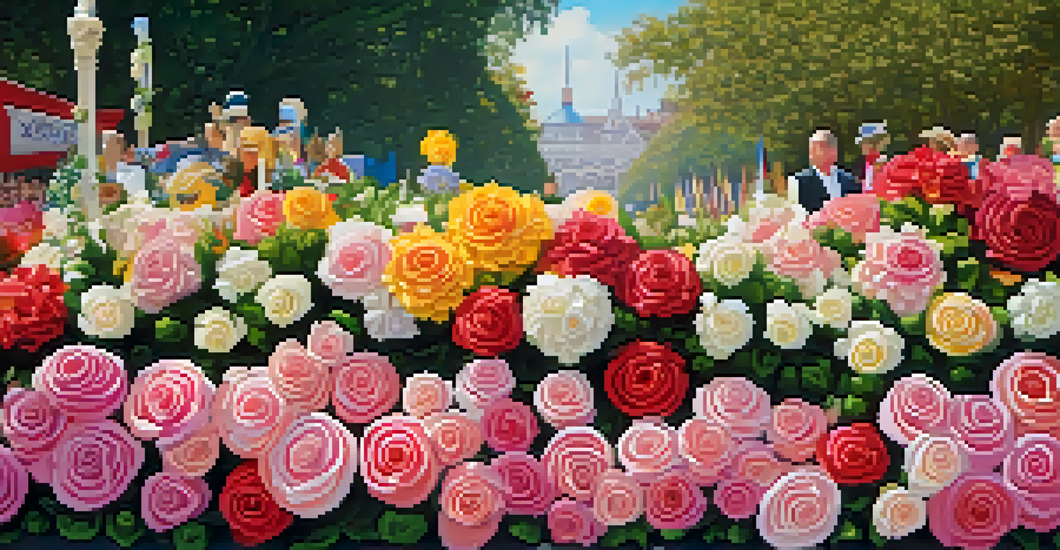 A detailed close-up of a floral float featuring vibrant roses and daisies, illuminated by sunlight, creating a beautiful garden scene.
