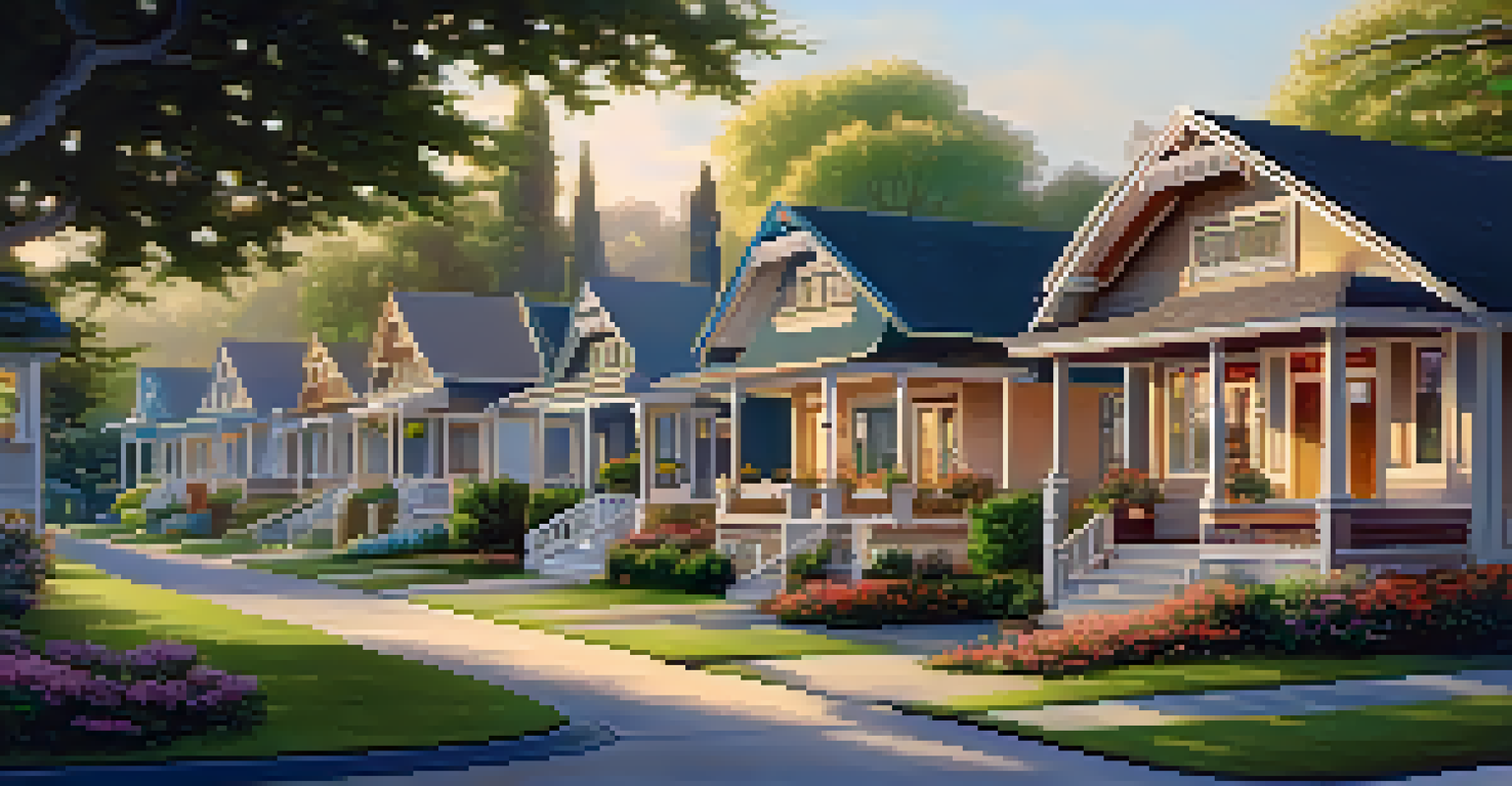 A serene street in Bungalow Heaven showcasing Craftsman bungalows surrounded by trees and flowers, bathed in warm sunlight.