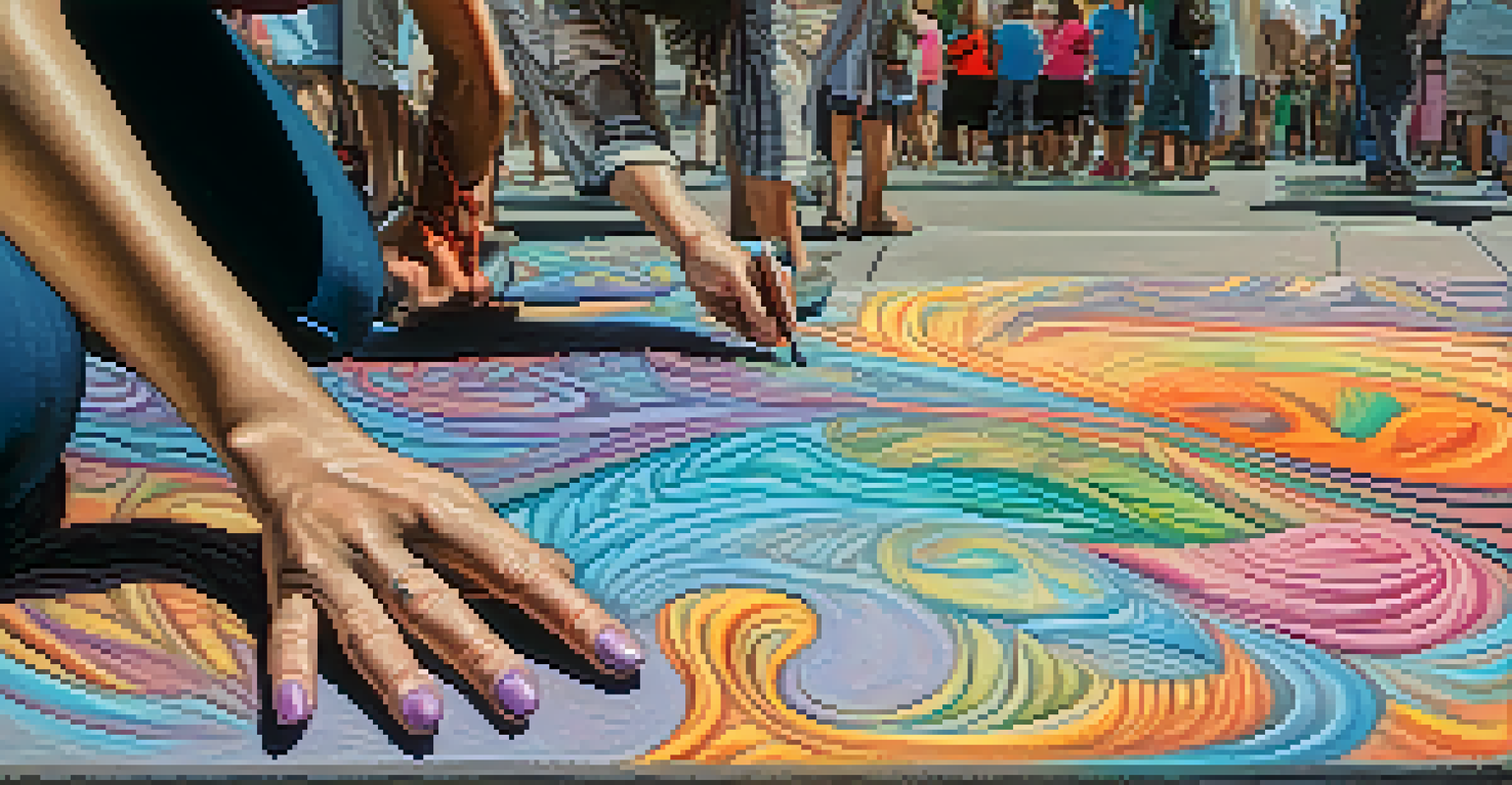 A close-up of an artist's hands applying pastel chalk to create detailed artwork on the sidewalk during the chalk festival.