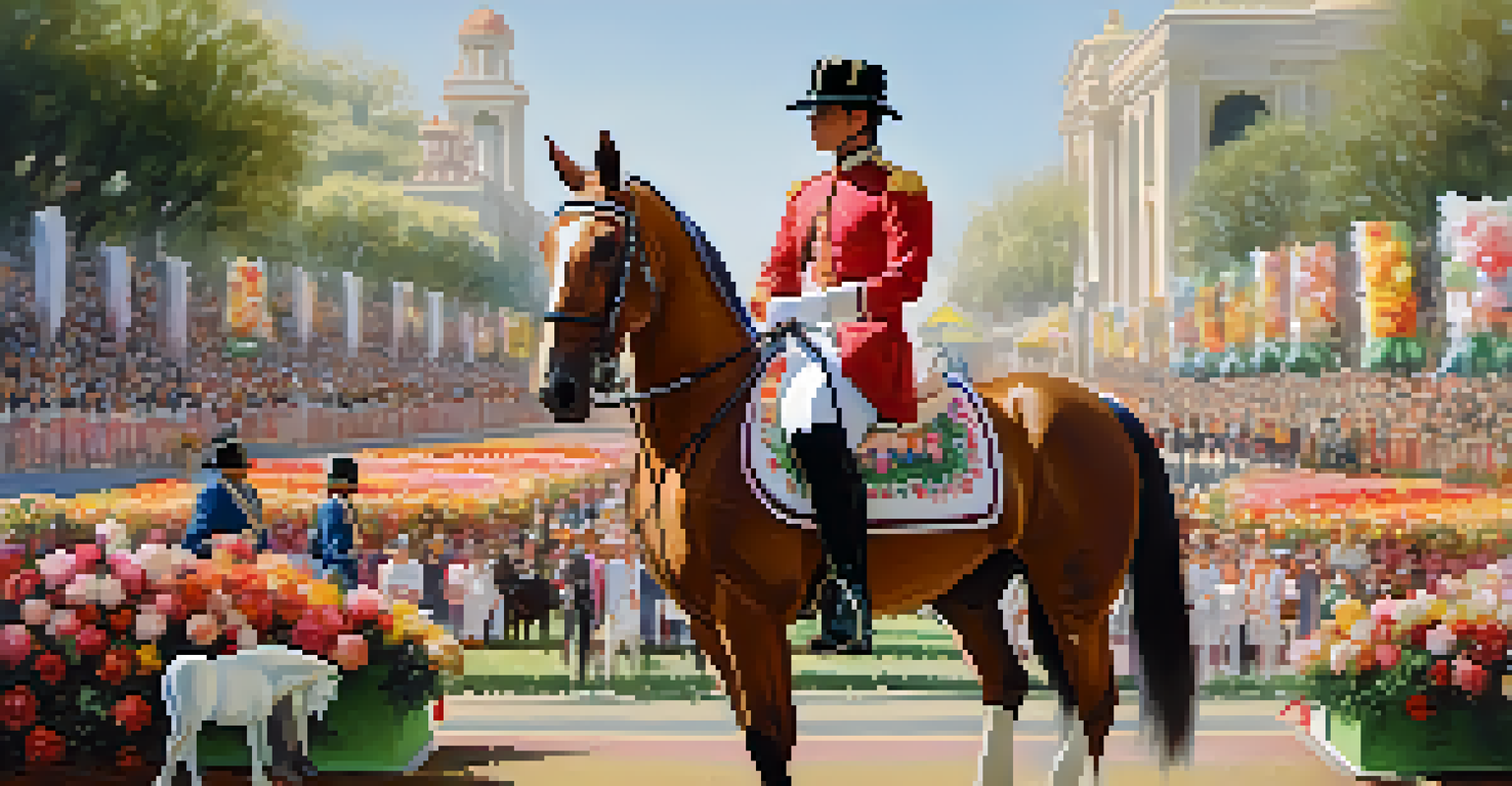 Riders in themed costumes on well-groomed horses during the Rose Parade, with floral floats and spectators in the background.