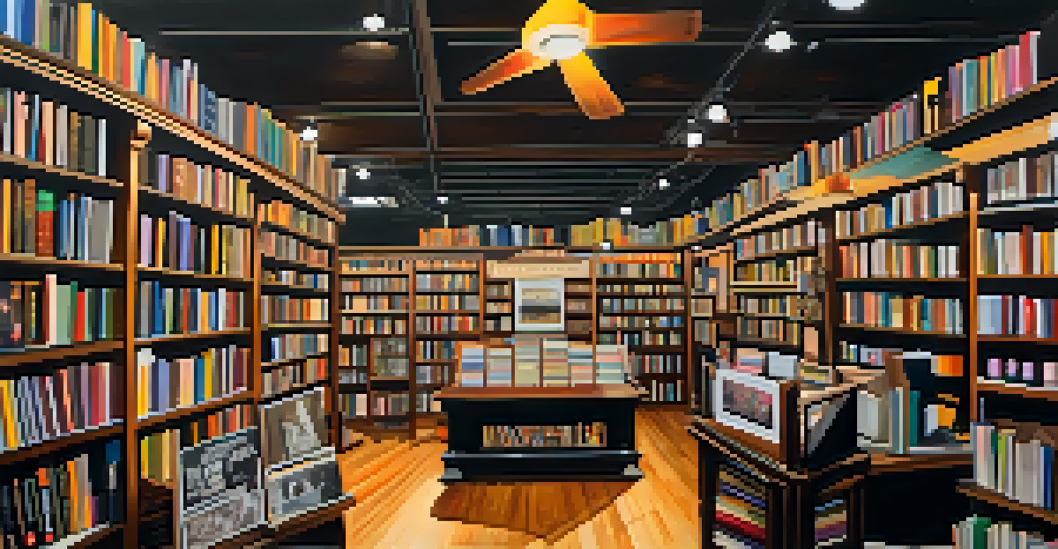 The Last Bookstore with eclectic decor, visitors browsing books, and a live music performance in the background.