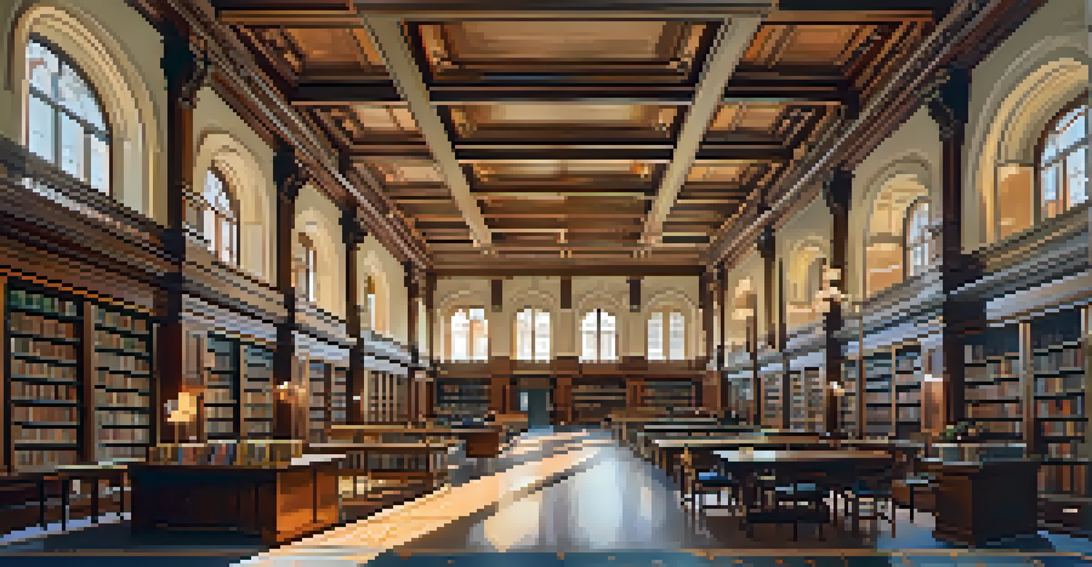 An elegant library interior with ornate ceilings and warm woodwork illuminated by soft light.